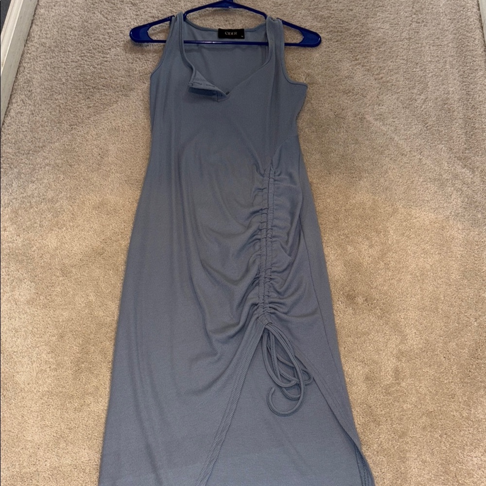 Cider Gray Sleeveless Midi Ruched Asymmetrical Cocktail Dress